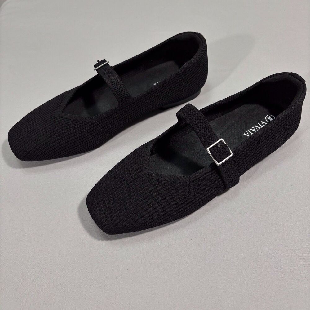 Vivaia Margot Mary Jane Flats Womens 38.5 W US 7.5 Wide Black Square Toe Ballet